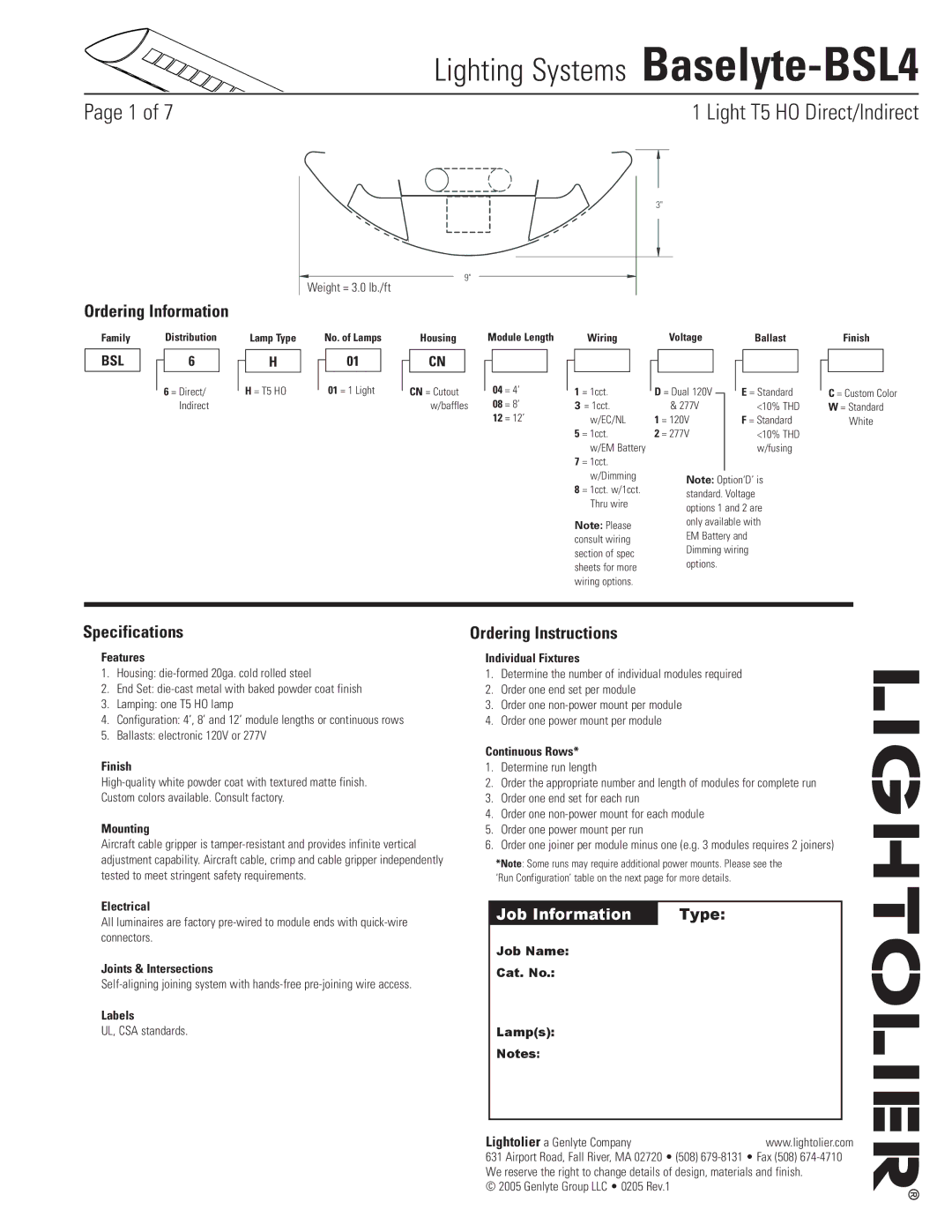 Lightolier Baselyte-BSL4 specifications Ordering Information, Specifications, Ordering Instructions 