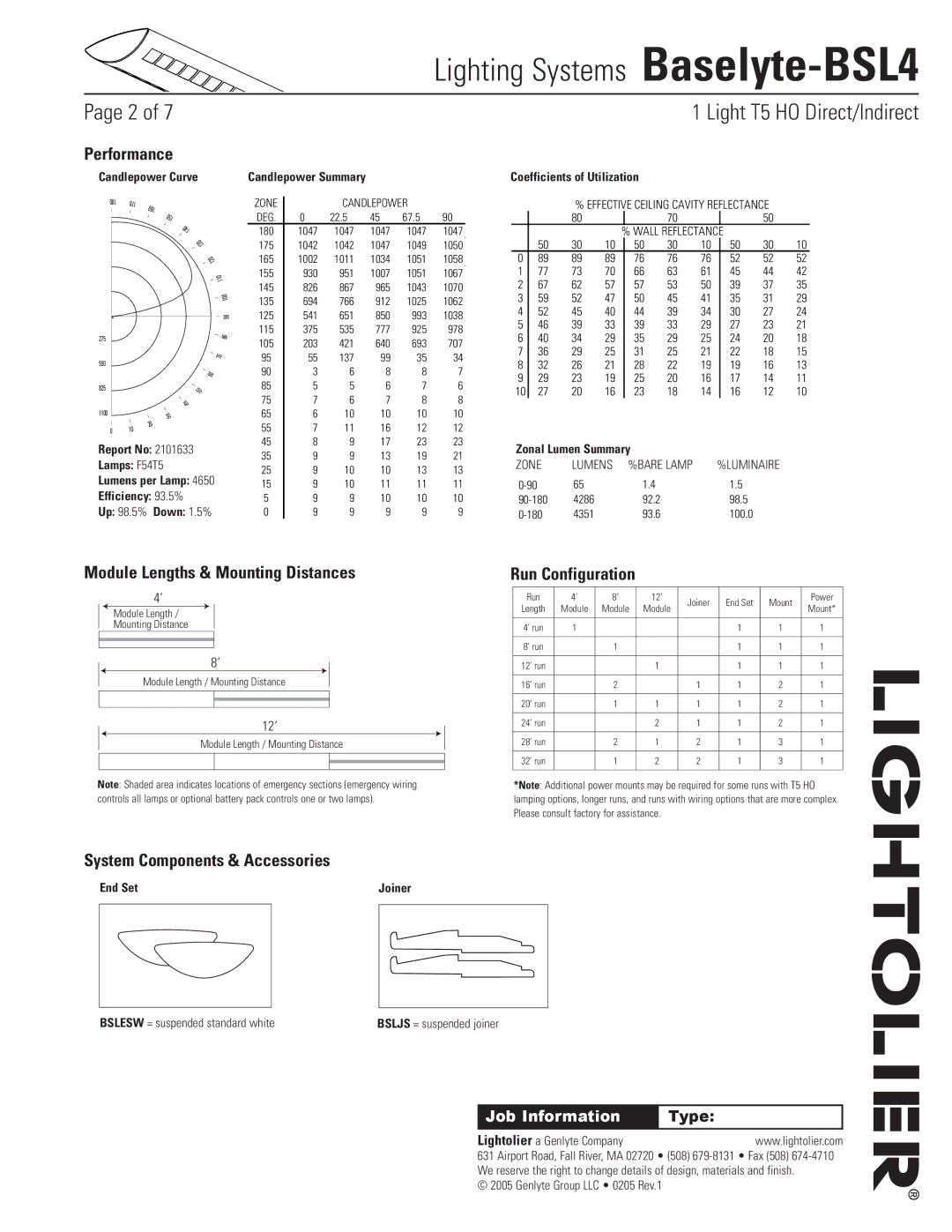 Lightolier Baselyte-BSL4 specifications Performance, Module Lengths & Mounting Distances, Run Configuration 