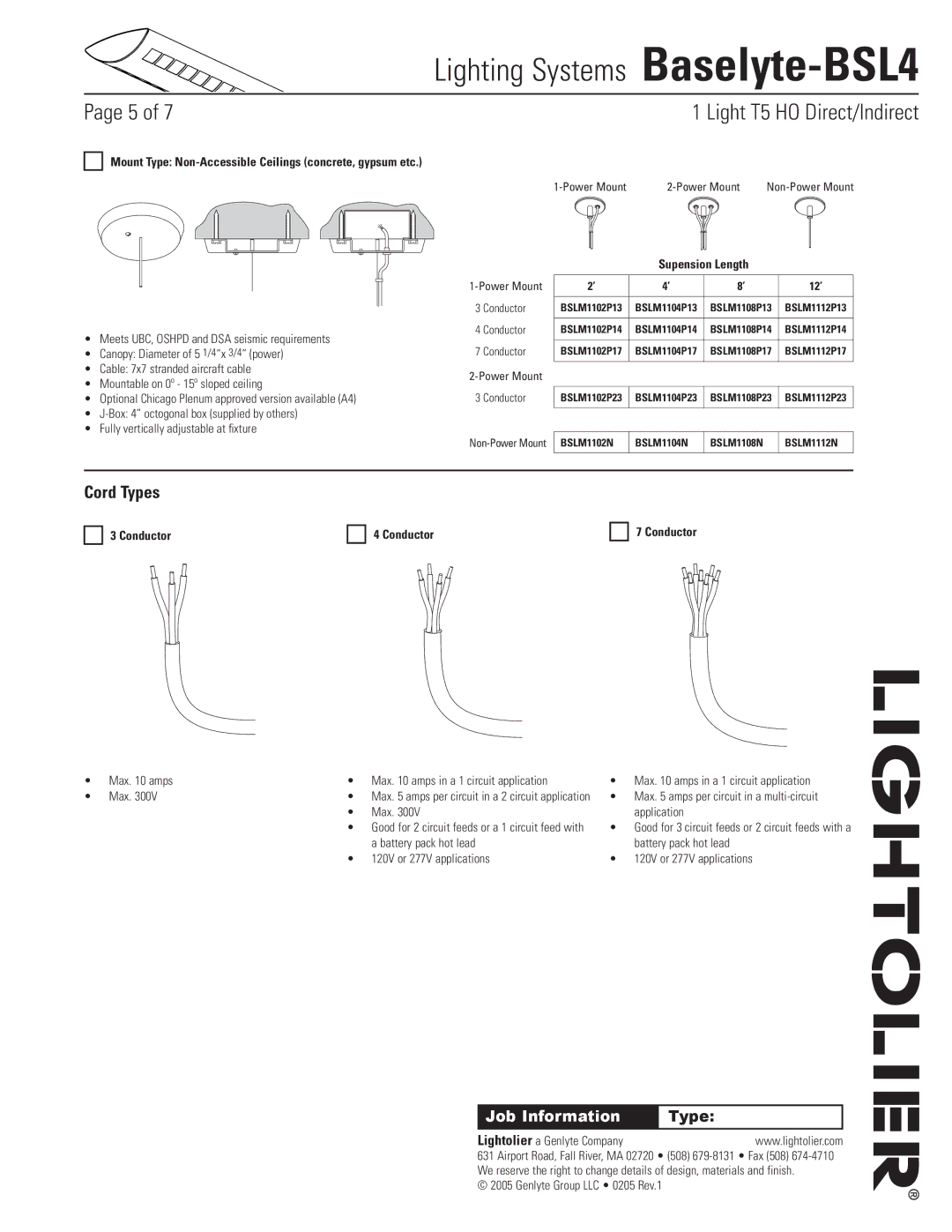 Lightolier Baselyte-BSL4 specifications Cord Types, Mount Type Non-Accessible Ceilings concrete, gypsum etc, Conductor 