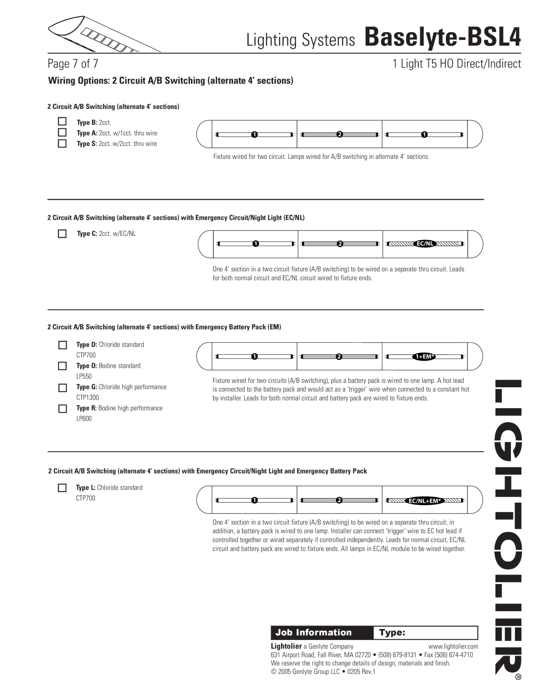 Lightolier Baselyte-BSL4 specifications Circuit A/B Switching alternate 4’ sections Type B 2cct, Type C 2cct. w/EC/NL 