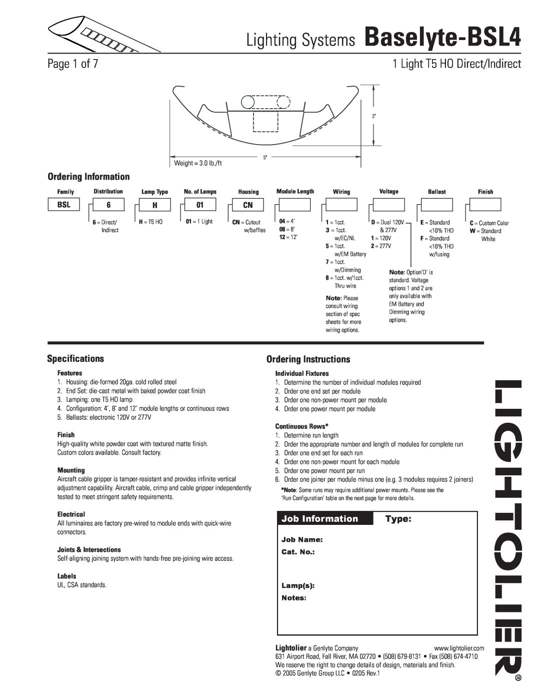Lightolier specifications Lighting Systems Baselyte-BSL4, Page  of,  Light T5 HO Direct/Indirect, Specifications 