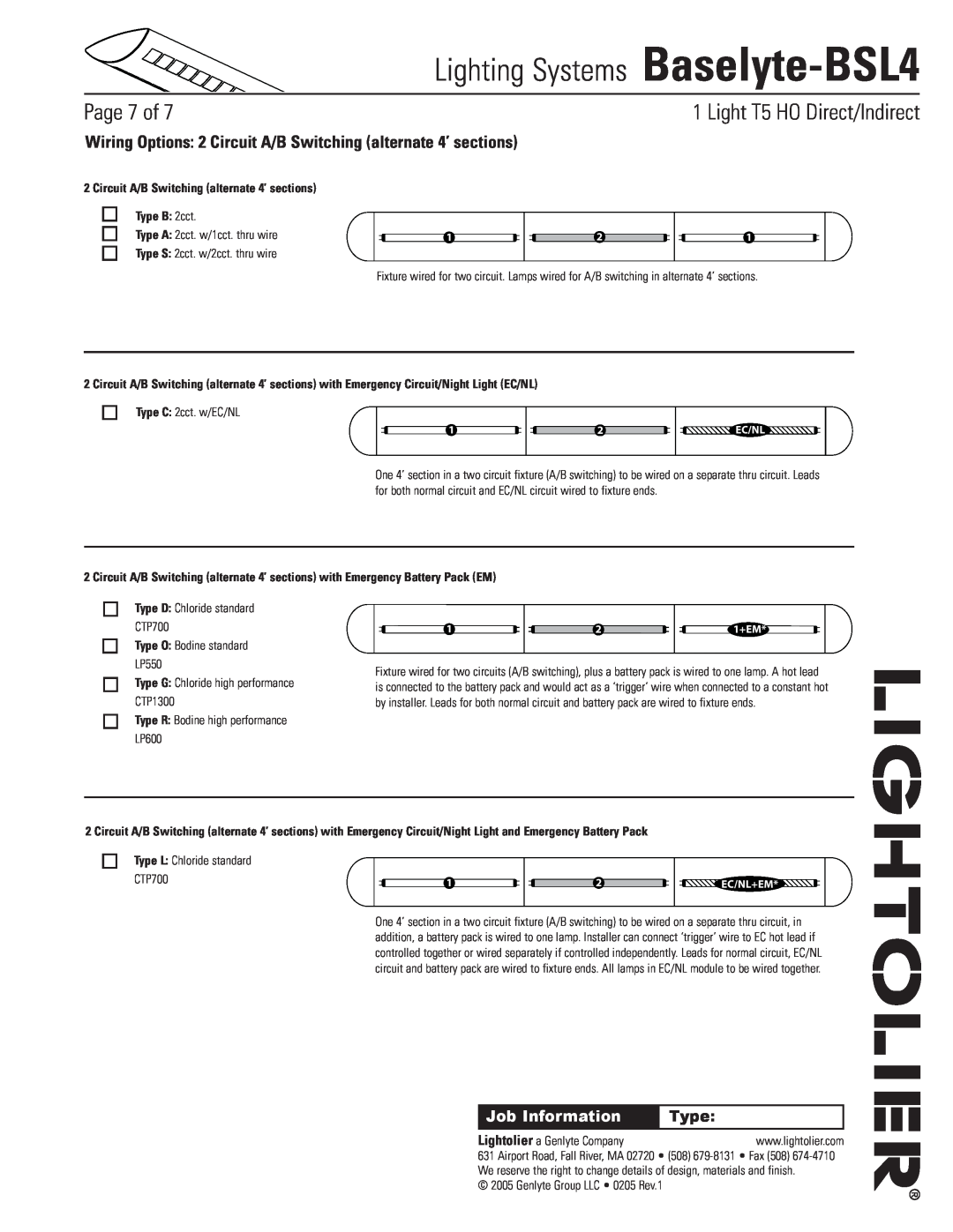 Lightolier Baselyte-BSL4 Circuit A/B Switching alternate 4’ sections, Type B 2cct, Type O Bodine standard LP550, Page of 