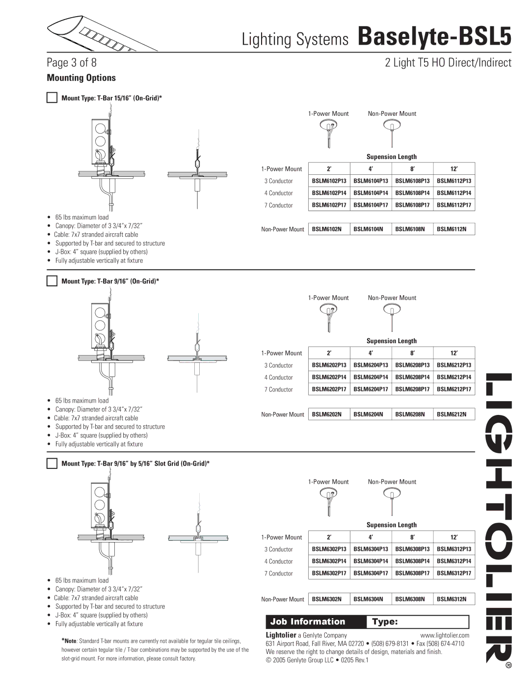 Lightolier Baselyte-BSL5 Mounting Options, Mount Type T-Bar 15/16 On-Grid, Supension Length, Mount Type T-Bar 9/16 On-Grid 