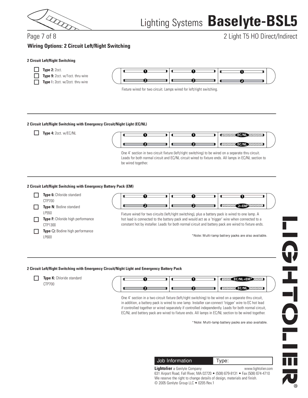 Lightolier Baselyte-BSL5 Wiring Options 2 Circuit Left/Right Switching, Circuit Left/Right Switching Type 2 2cct,  % 