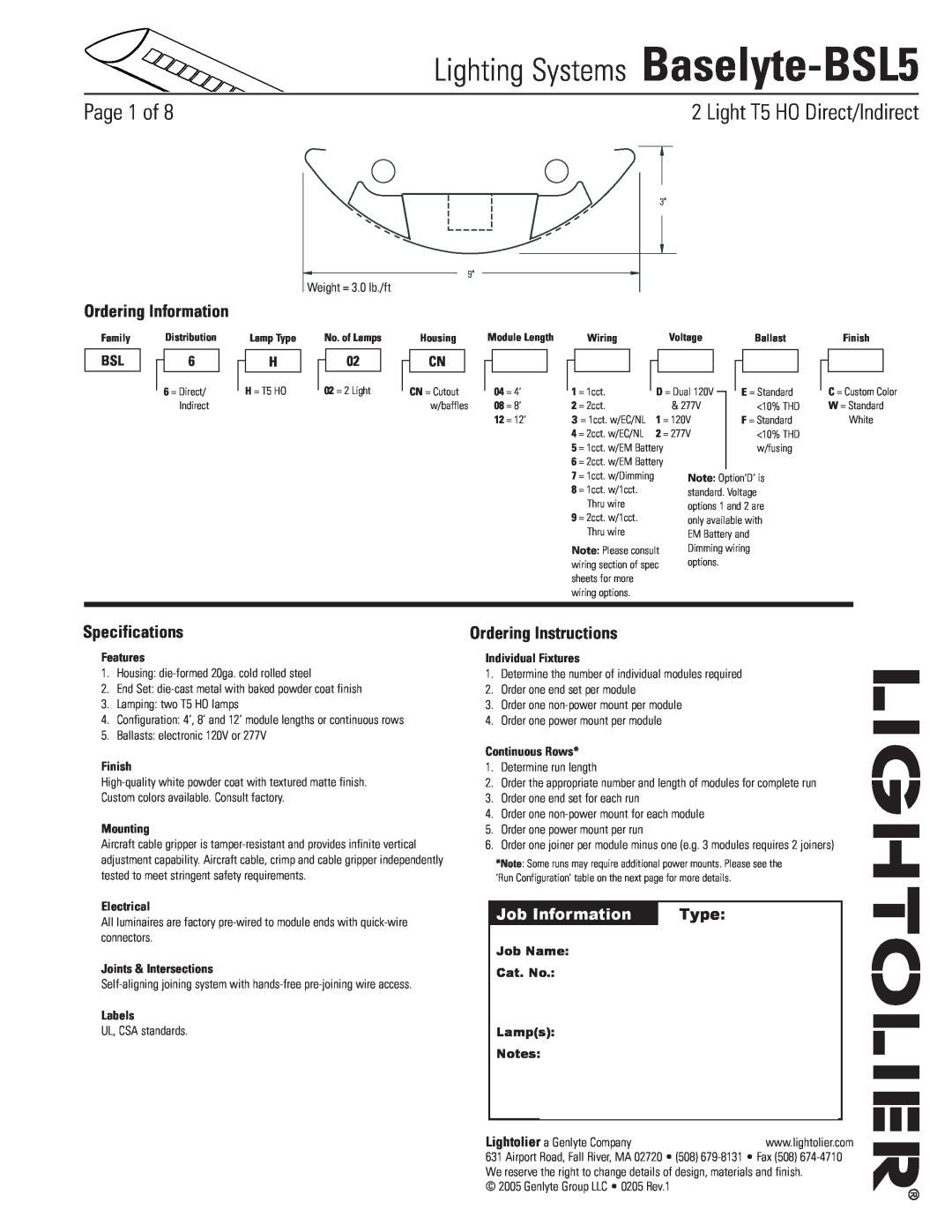 Lightolier specifications Lighting Systems Baselyte-BSL5, Page  of, Light T5 HO Direct/Indirect, Ordering Information 