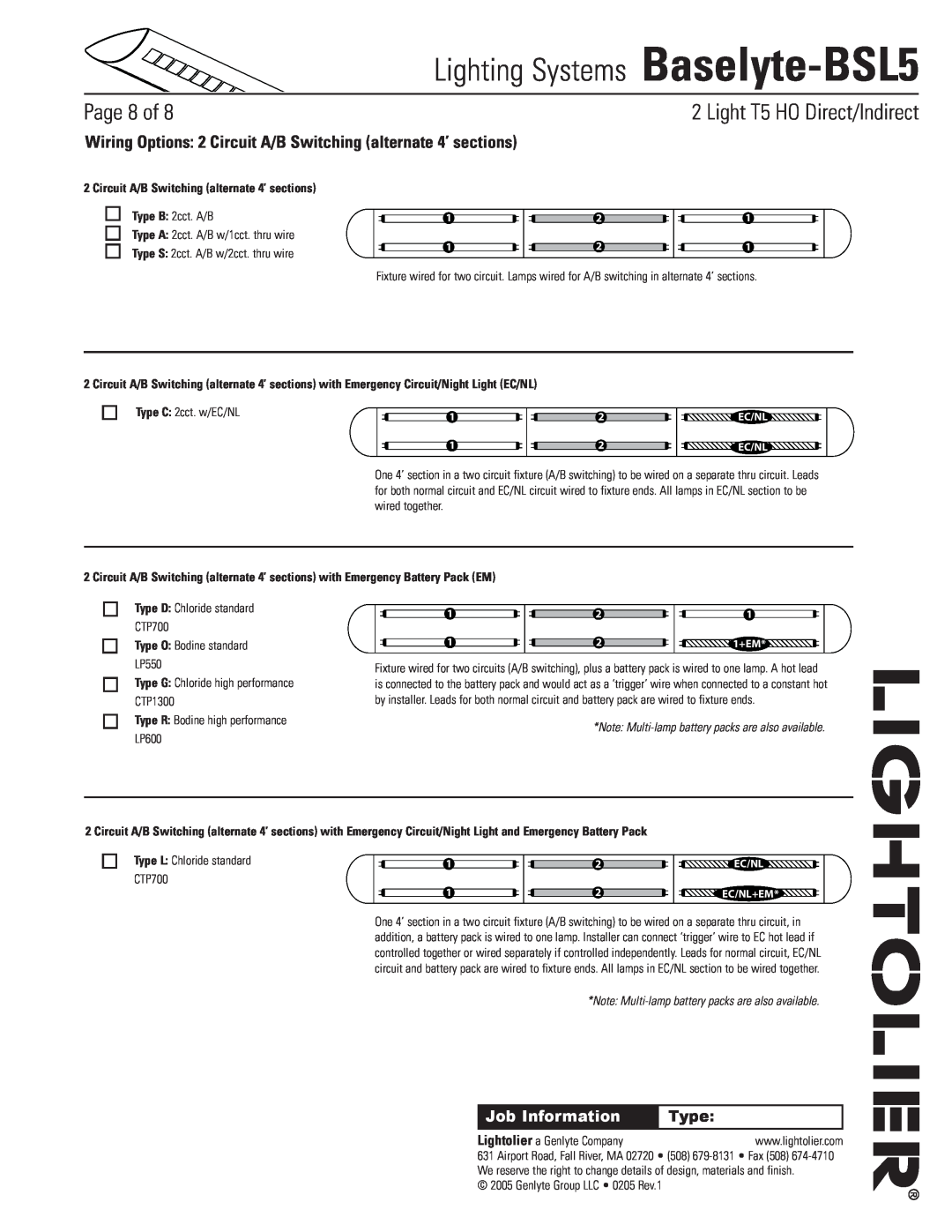 Lightolier Baselyte-BSL5 specifications Circuit A/B Switching alternate 4’ sections, Type O Bodine standard LP550, Page of 