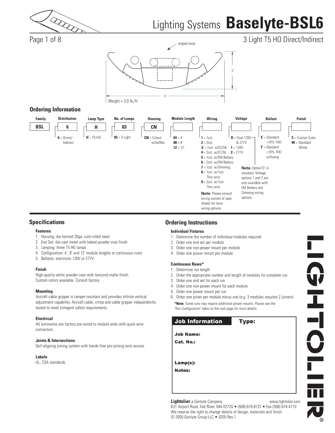 Lightolier Baselyte-BSL6 specifications Ordering Information, Specifications, Ordering Instructions 