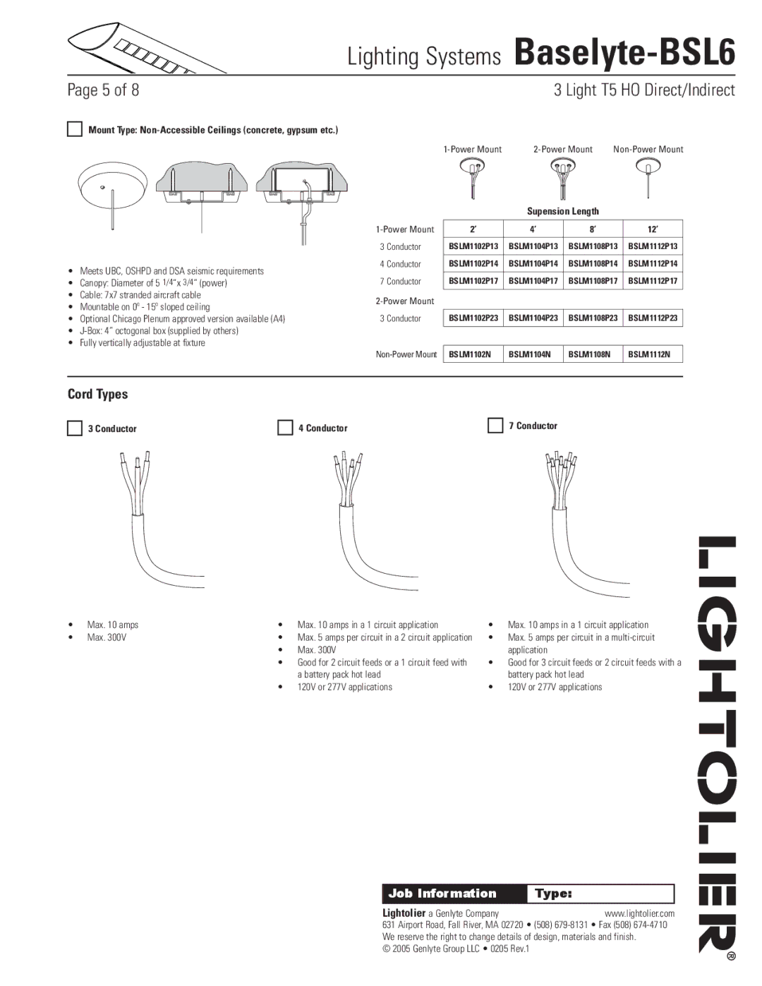 Lightolier Baselyte-BSL6 specifications Cord Types, Mount Type Non-Accessible Ceilings concrete, gypsum etc, Conductor 