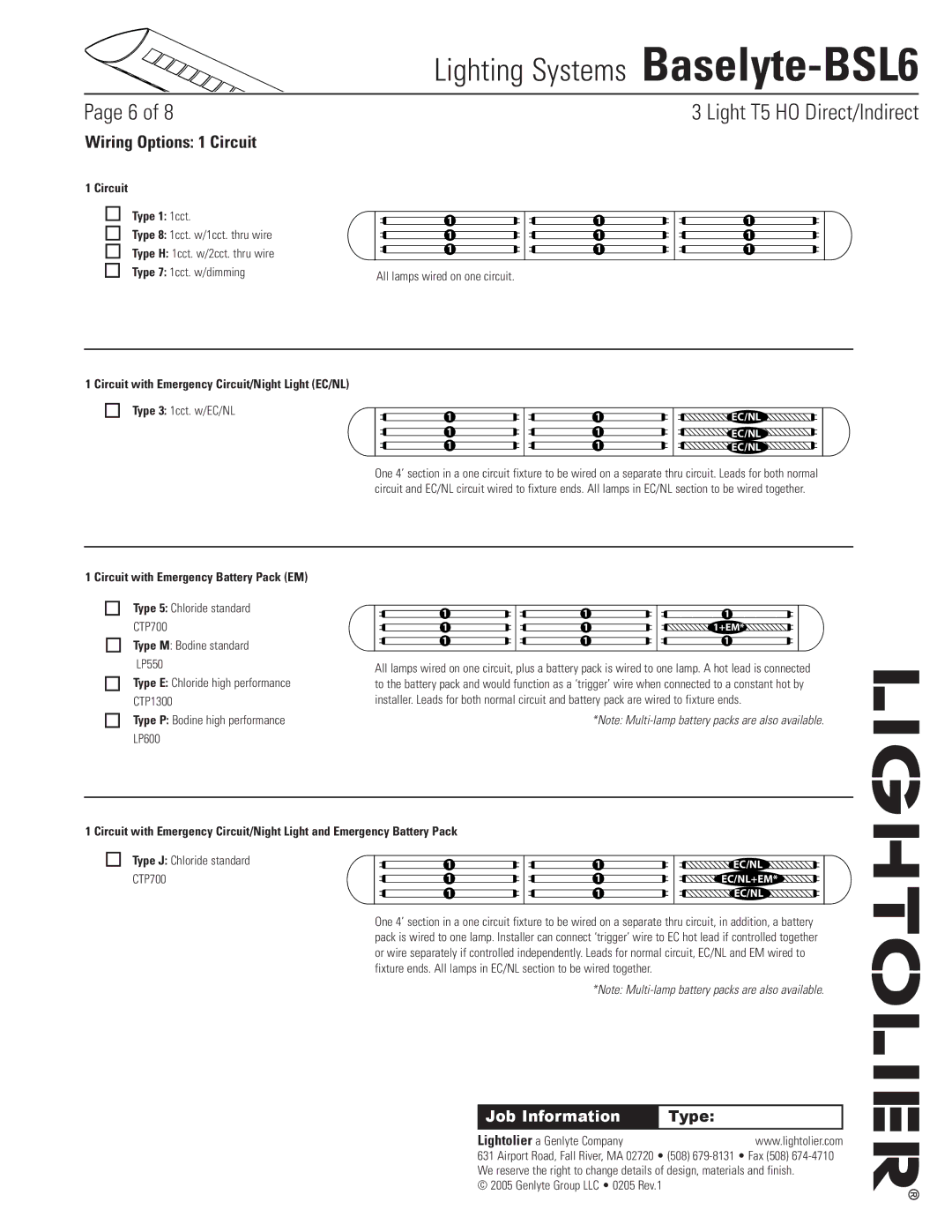 Lightolier Baselyte-BSL6 Wiring Options 1 Circuit, Circuit Type 1 1cct, Circuit with Emergency Battery Pack EM 