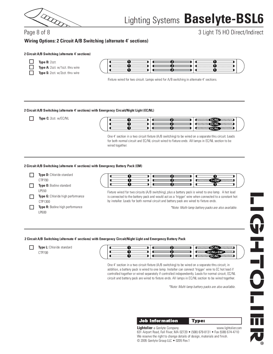 Lightolier Baselyte-BSL6 specifications Circuit A/B Switching alternate 4’ sections Type B 2cct, Type C 2cct. w/EC/NL 