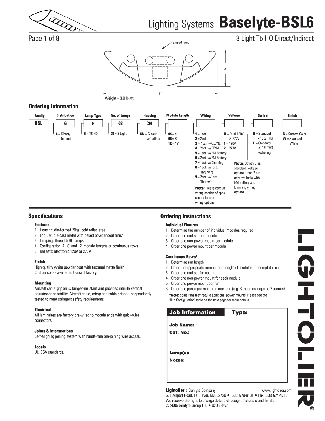 Lightolier specifications Lighting Systems Baselyte-BSL6, Page  of, Ordering Information, Specifications, Type, Finish 