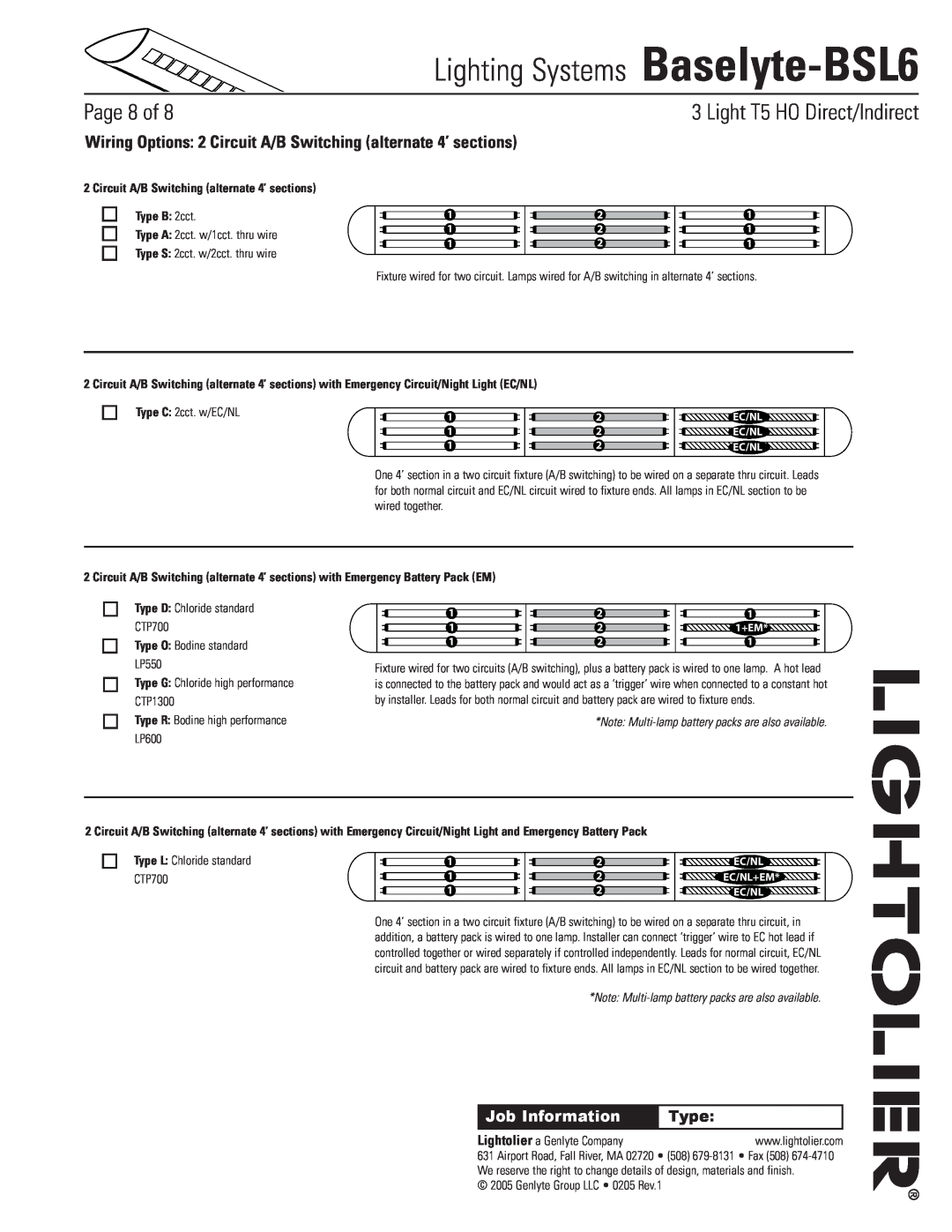 Lightolier Baselyte-BSL6 Circuit A/B Switching alternate 4’ sections, Type B 2cct, Type O Bodine standard LP550, Page of 