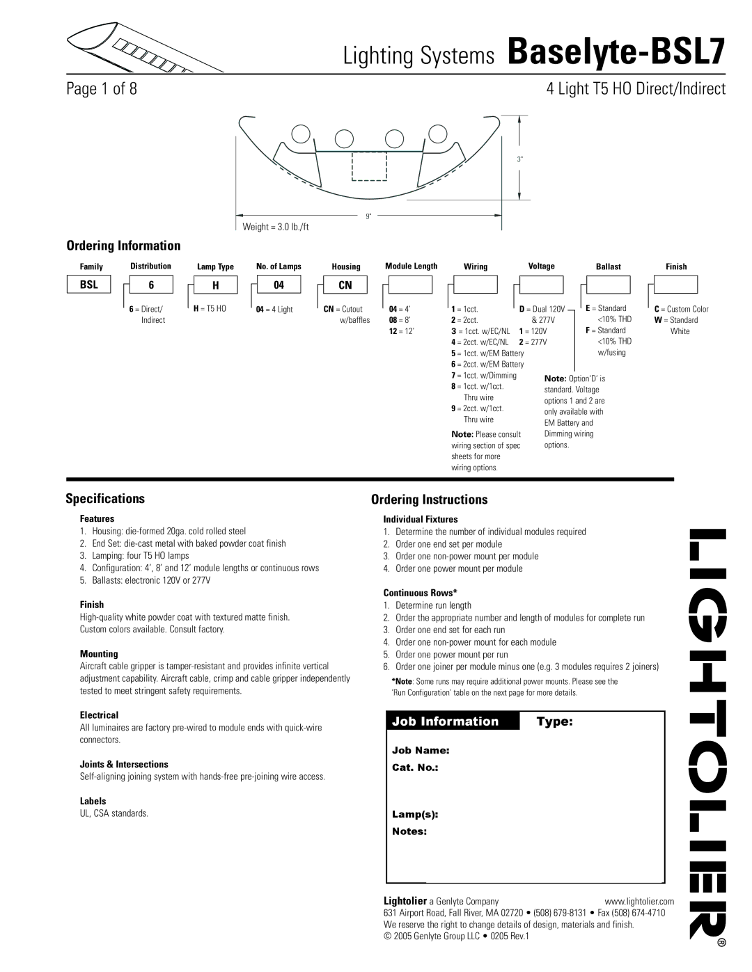 Lightolier Baselyte-BSL7 specifications Ordering Information, Specifications, Ordering Instructions 