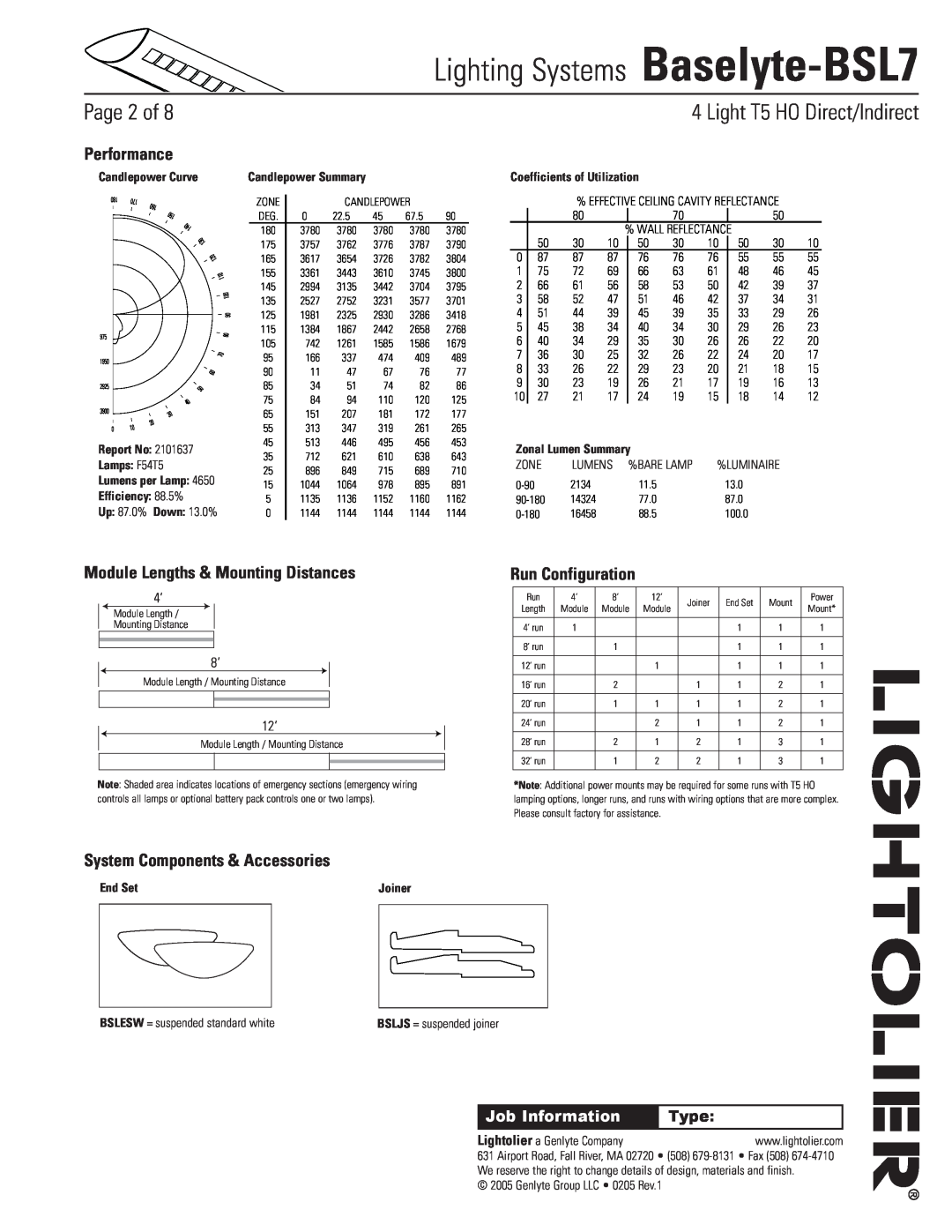 Lightolier Lighting Systems Baselyte-BSL7, Page of, Performance, Module Lengths & Mounting Distances, Run Configuration 