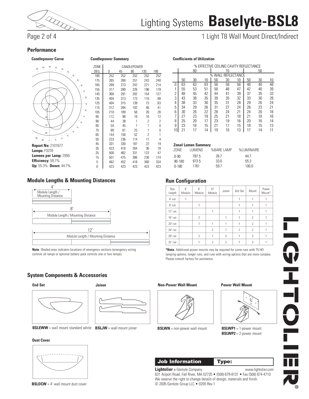 Lightolier Baselyte-BSL8 specifications Performance, Module Lengths & Mounting Distances, Run Configuration 