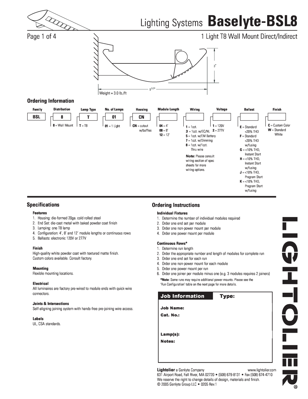 Lightolier specifications Lighting Systems Baselyte-BSL8, Page  of, Light T8 Wall Mount Direct/Indirect, Type, Finish 