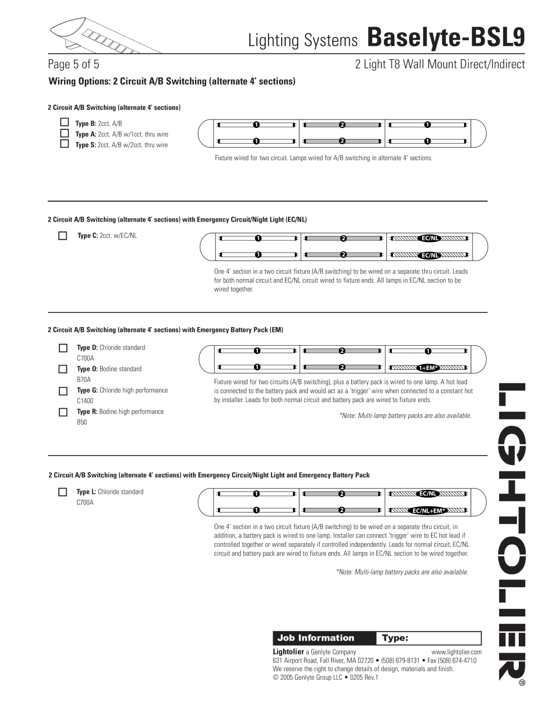 Lightolier Baselyte-BSL9 specifications Circuit A/B Switching alternate 4’ sections, Type D Chloride standard C700A 