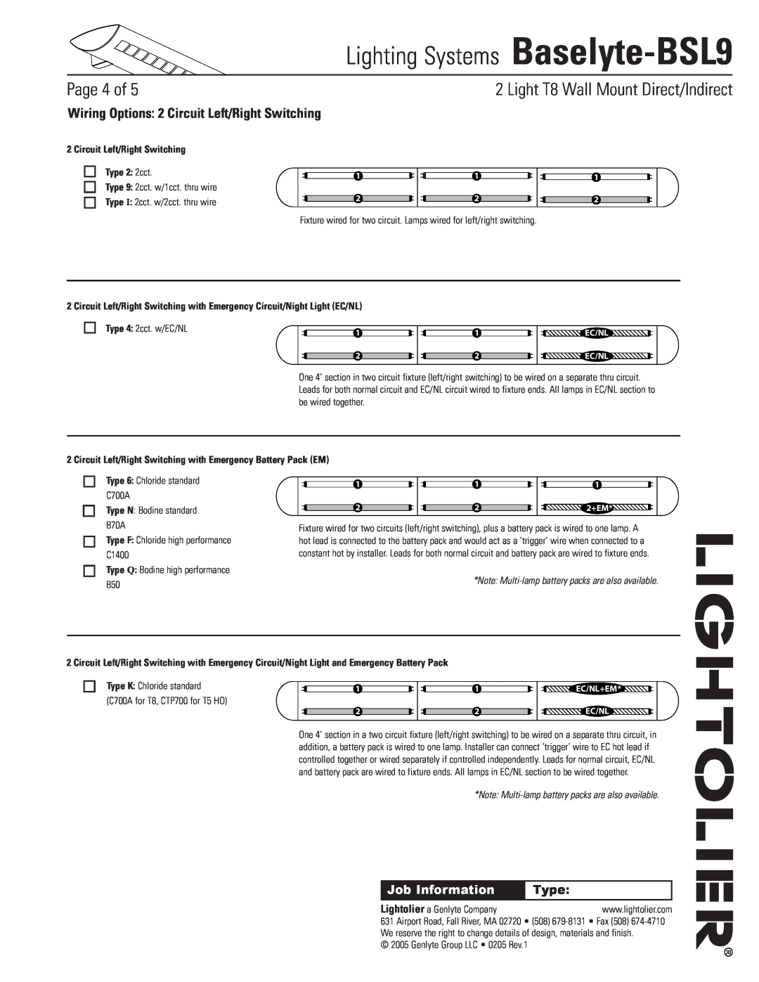Lightolier Lighting Systems Baselyte-BSL9, Wiring Options 2 Circuit Left/Right Switching, Page of, Job Information 