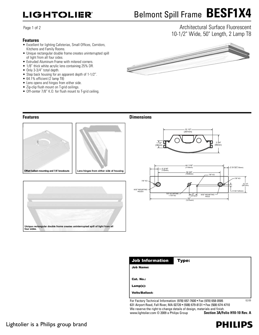 Lightolier BESF1X4 dimensions Features, Dimensions 