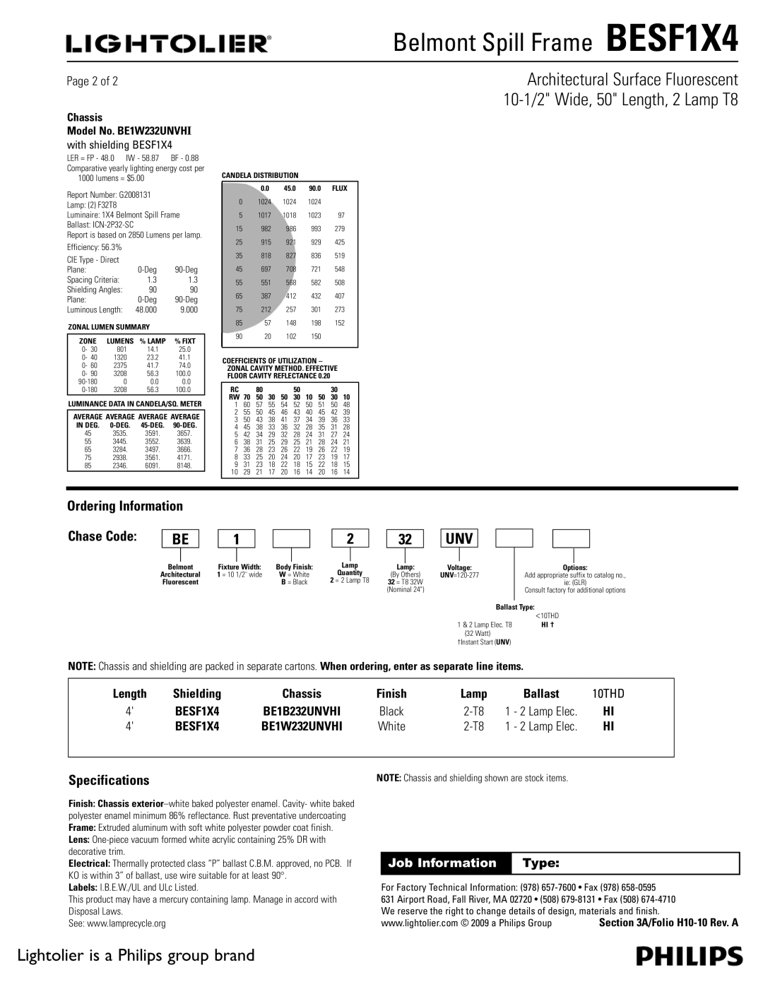 Lightolier BESF1X4 dimensions Ordering Information Chase Code, Specifications, Chassis Model No. BE1W232UNVHI, Shielding 