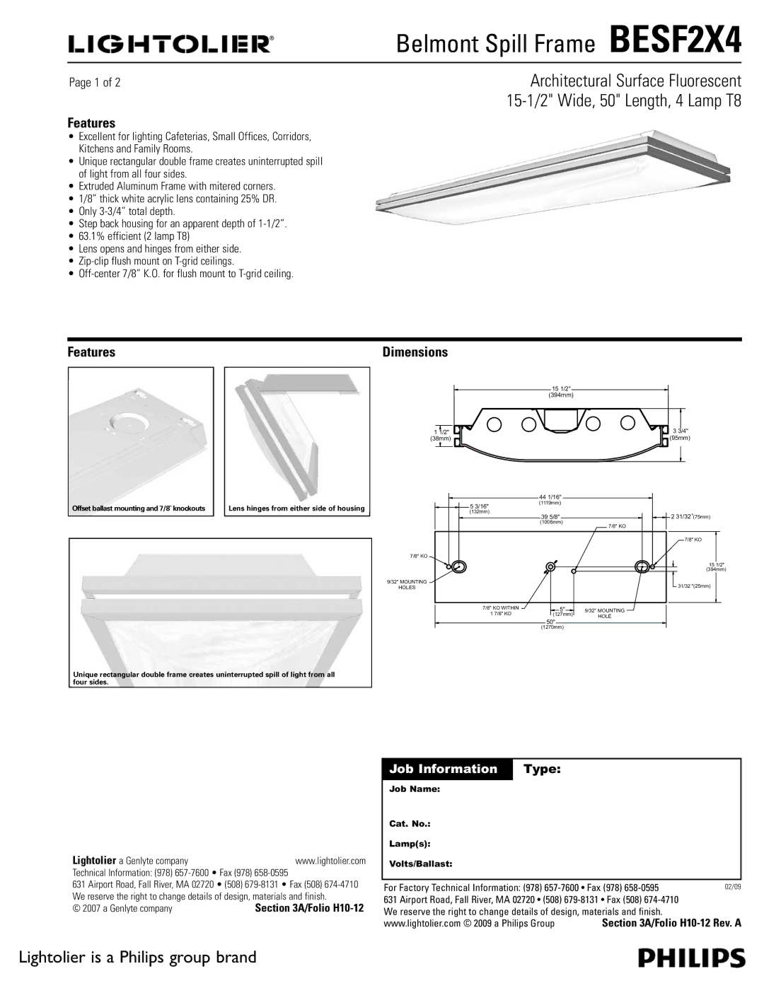 Lightolier BESF2X4 dimensions Features, Dimensions 