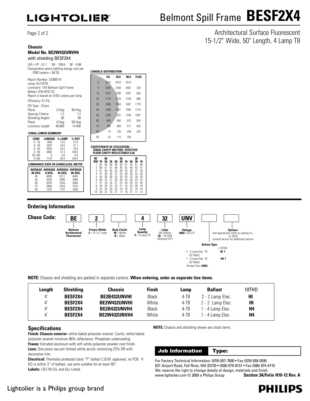 Lightolier BESF2X4 dimensions Ordering Information Chase Code, Specifications, Chassis Model No. BE2W432UNVH4 