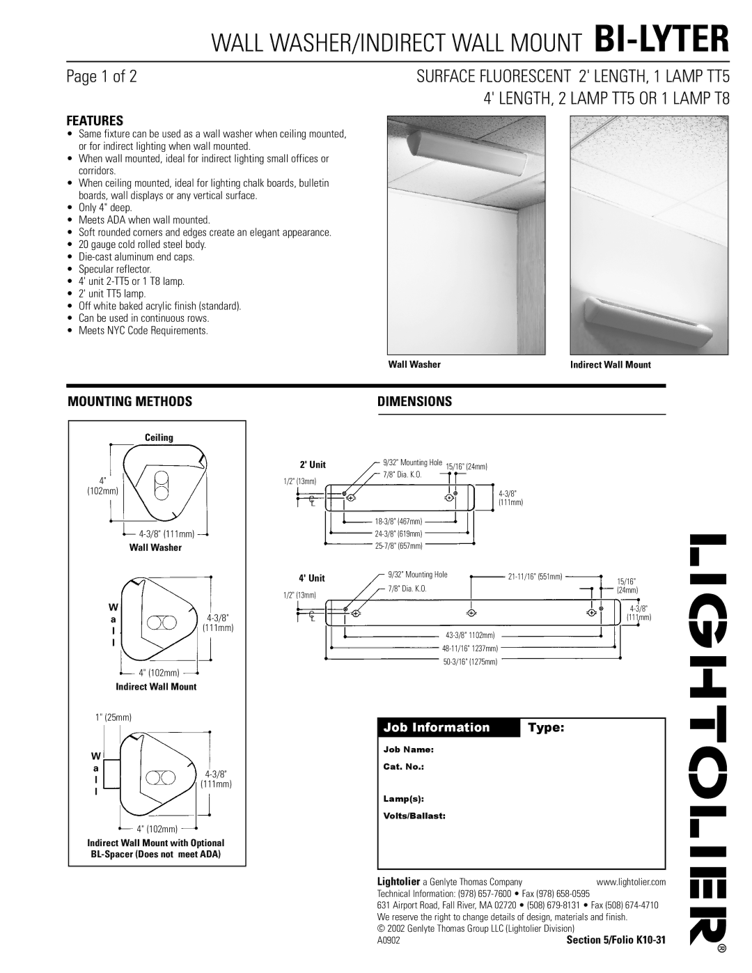 Lightolier BI-LYTER dimensions Features, Mounting Methods, Dimensions 