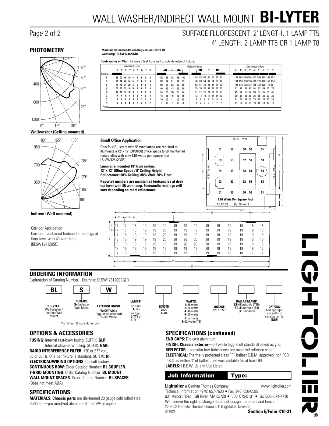 Lightolier BI-LYTER dimensions Photometry, Ordering Information, Options & Accessories, Specifications 