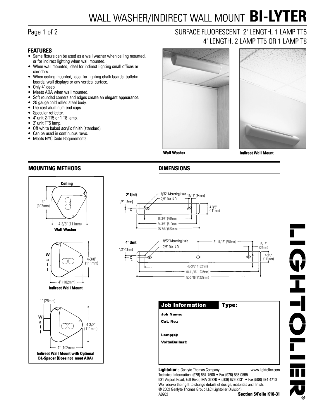 Lightolier BI-LYTER dimensions Page 1 of, SURFACE FLUORESCENT 2 LENGTH, 1 LAMP TT5, LENGTH, 2 LAMP TT5 OR 1 LAMP T8, Type 