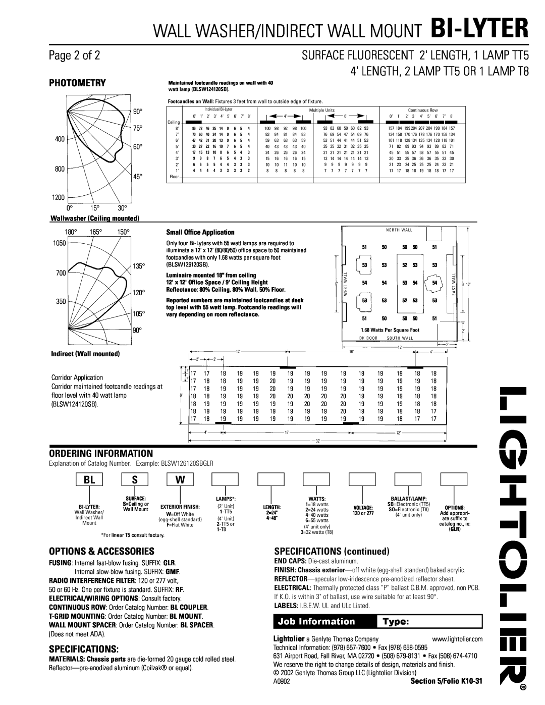 Lightolier BI-LYTER Page 2 of, Photometry, Ordering Information, Options & Accessories, Specifications, Job Information 