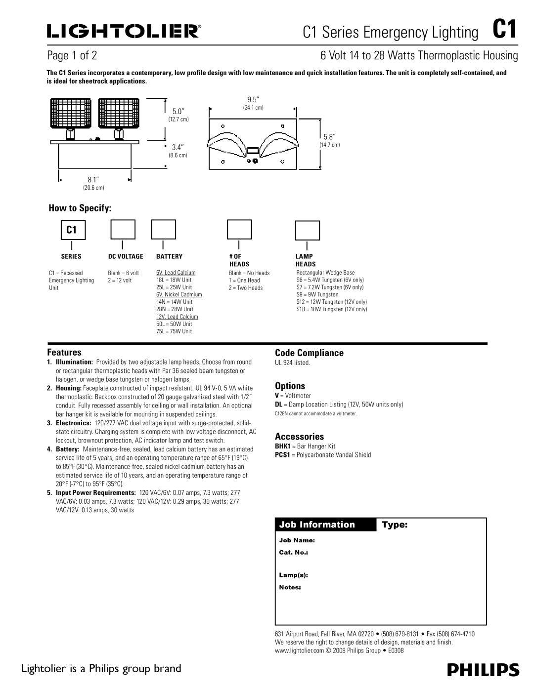 Lightolier C1 manual How to Specify, Features, Code Compliance, Options, Accessories 