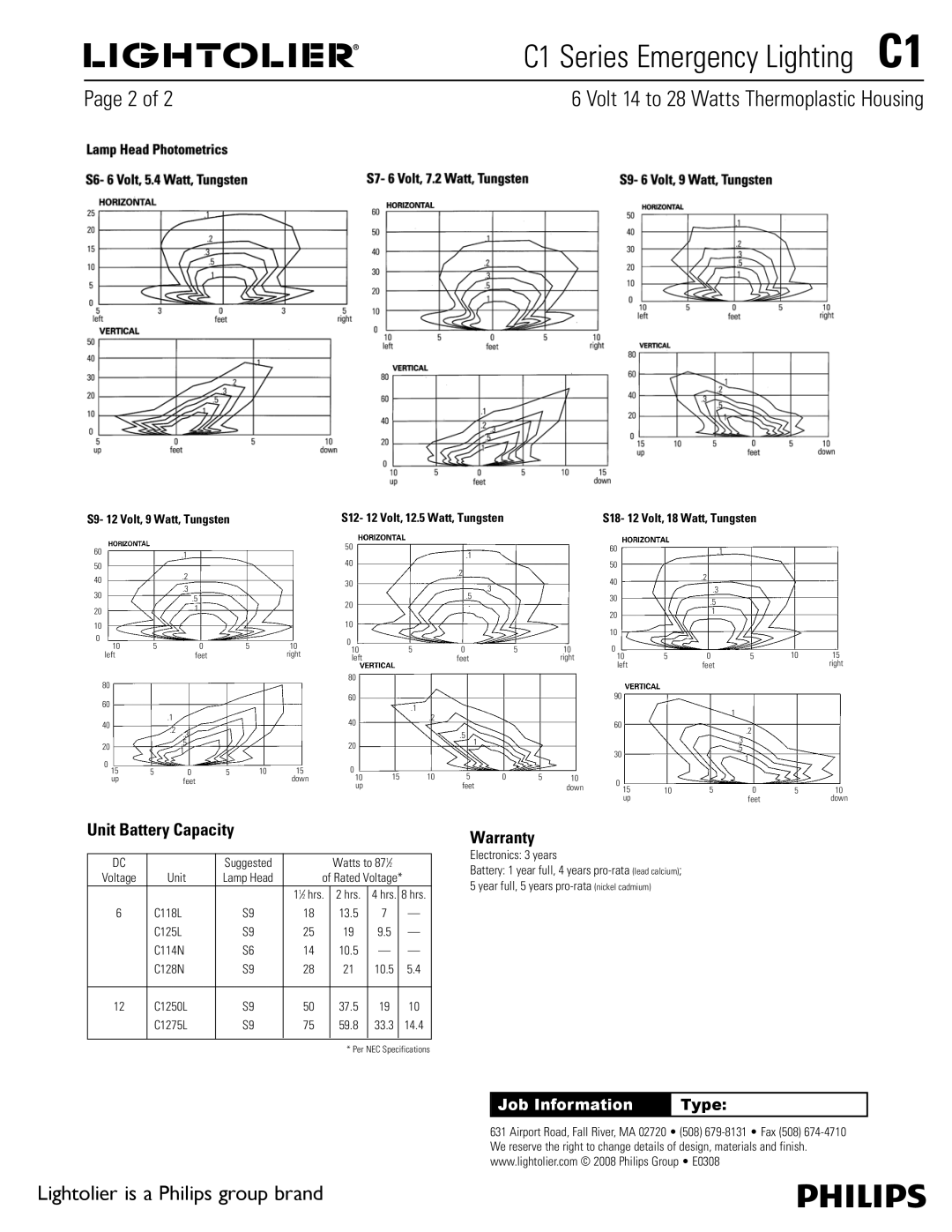 Lightolier C1 manual Volt 14 to 28 Watts Thermoplastic Housing, Lamp Head Photometrics, Unit Battery Capacity, Warranty 