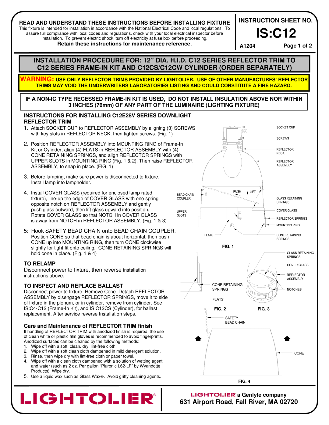 Lightolier instruction sheet ISC12, Airport Road, Fall River, MA, To Relamp, To Inspect and Replace Ballast 