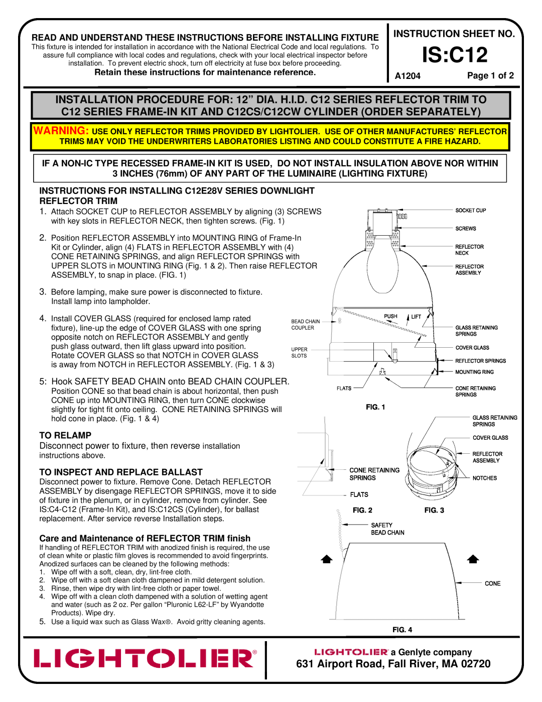Lightolier instruction sheet IS C12, Airport Road, Fall River, MA, Instruction Sheet No 