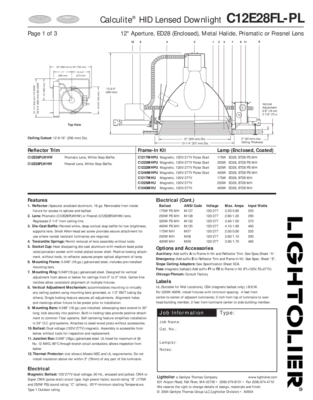 Lightolier C12E28FL-PL specifications Frame-In Kit, Features Electrical, Options and Accessories, Labels 