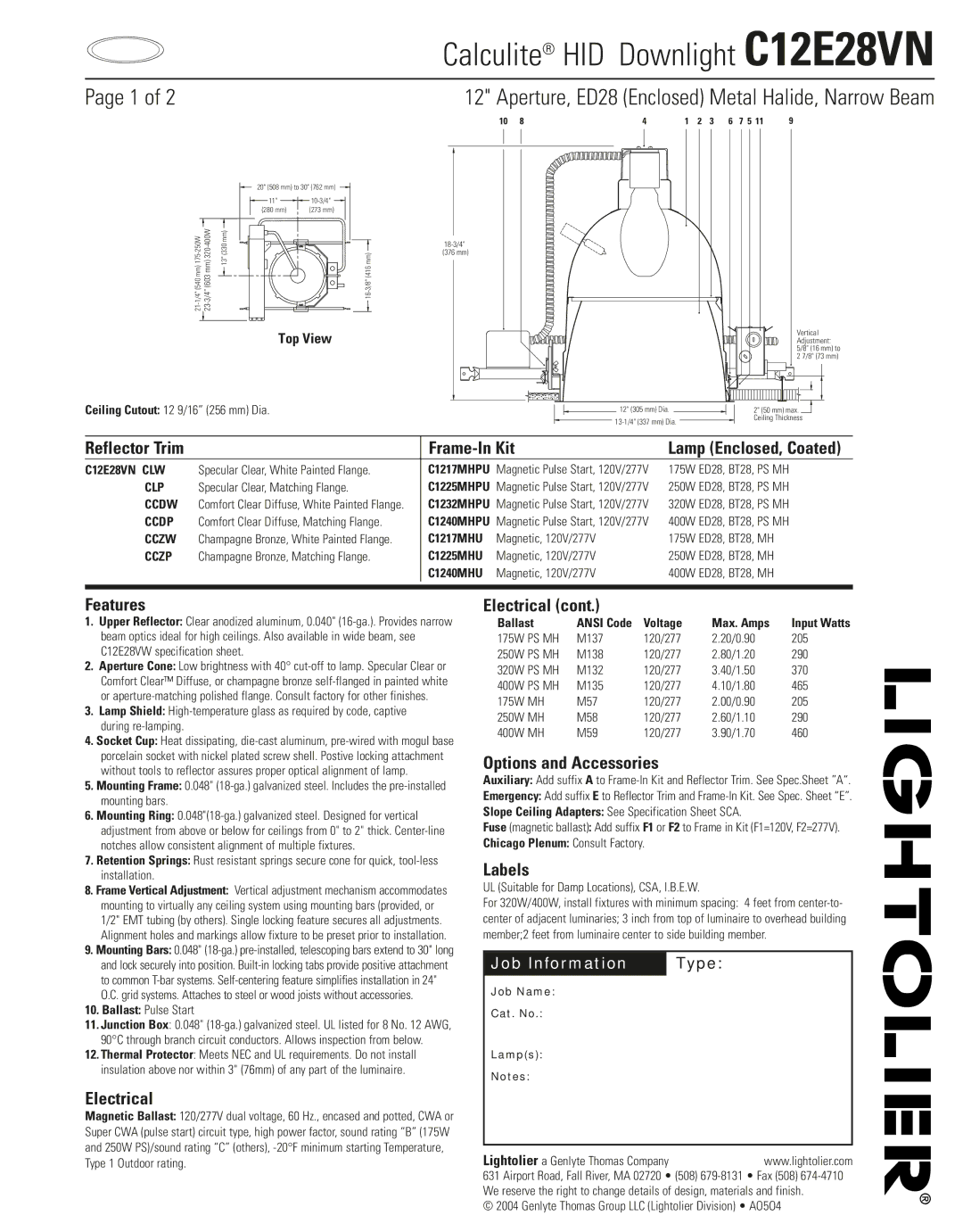 Lightolier C12E28VN specifications Aperture, ED28 Enclosed Metal Halide, Narrow Beam, Frame-In Kit, Features, Electrical 