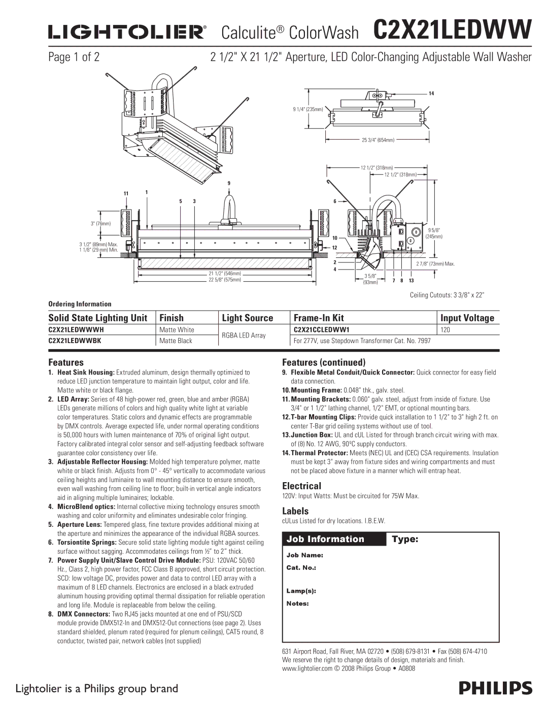 Lightolier C2X21LEDWW manual Finish Light Source Frame-In Kit Input Voltage, Features, Electrical, Labels 