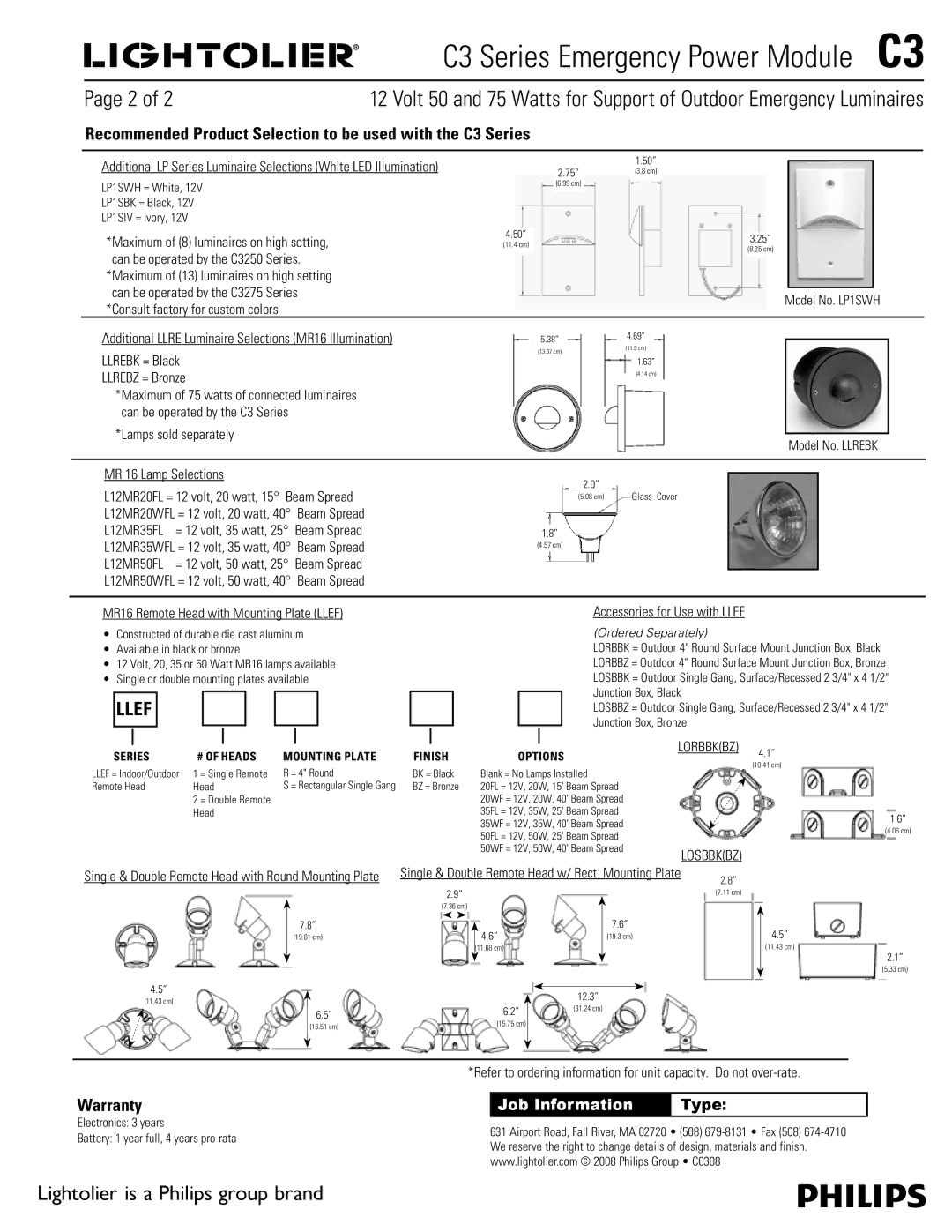 Lightolier manual Llef, Recommended Product Selection to be used with the C3 Series, Warranty 