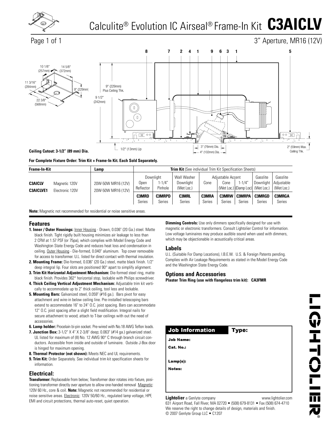 Lightolier C3AICLV specifications Page, 3” Aperture, MR16, Features, Electrical, Labels, Options and Accessories, Type 