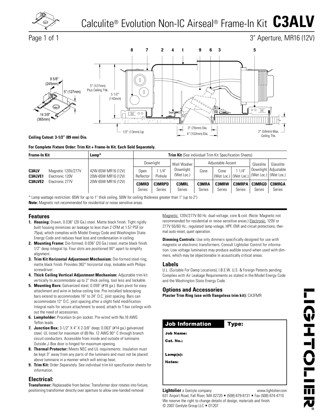 Lightolier C3ALV specifications Features, Electrical, Labels, Options and Accessories 