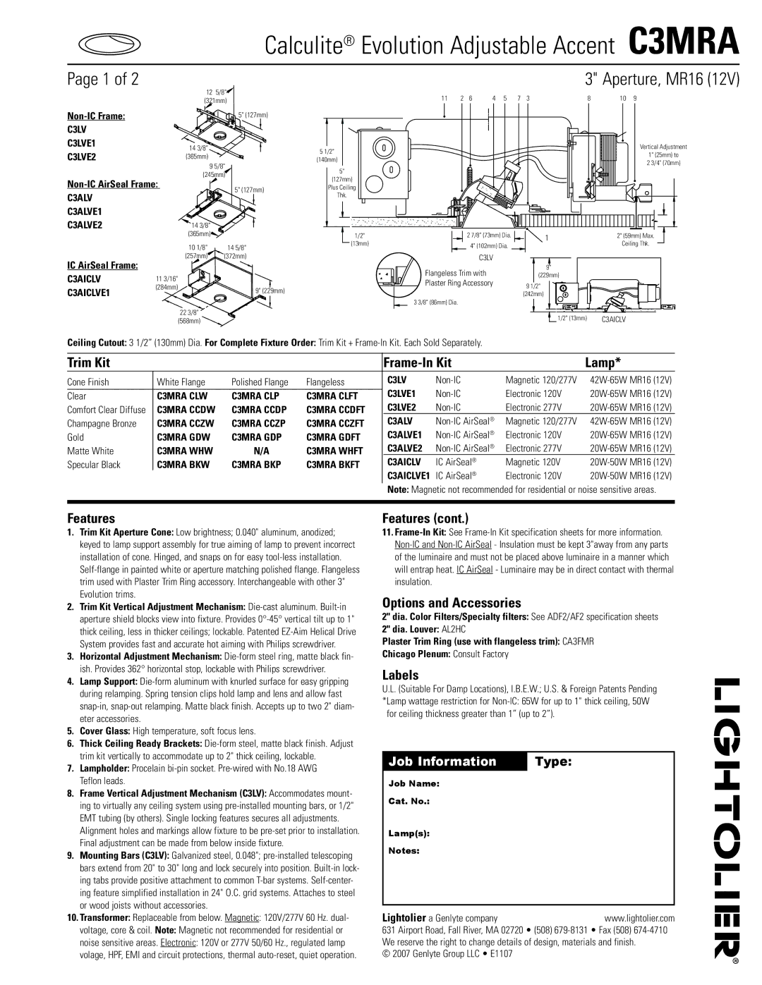 Lightolier C3MRA specifications Trim Kit Frame-In Kit Lamp, Features, Options and Accessories, Labels 