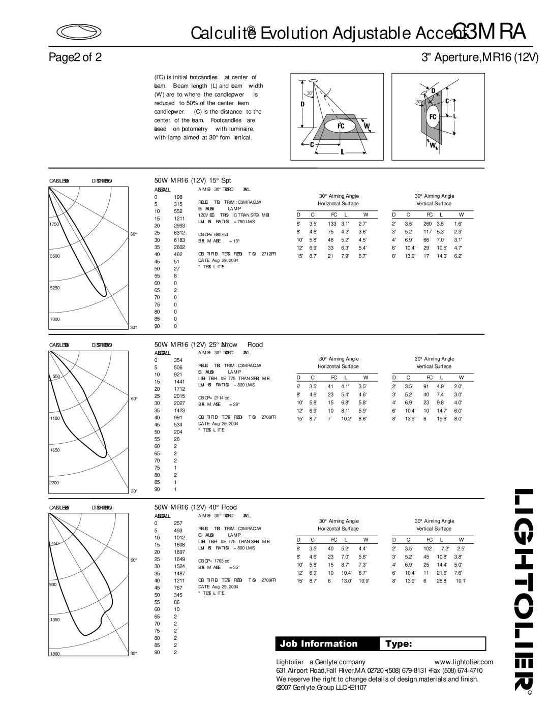 Lightolier C3MRA specifications 50W mr16 12v 15 Spot, 50W mr16 12v 25 Narrow Flood, 50W mr16 12v 40 Flood 