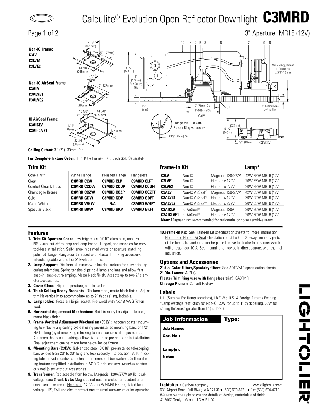 Lightolier C3MRD specifications Trim Kit Frame-In Kit Lamp, Features, Options and Accessories, Labels 