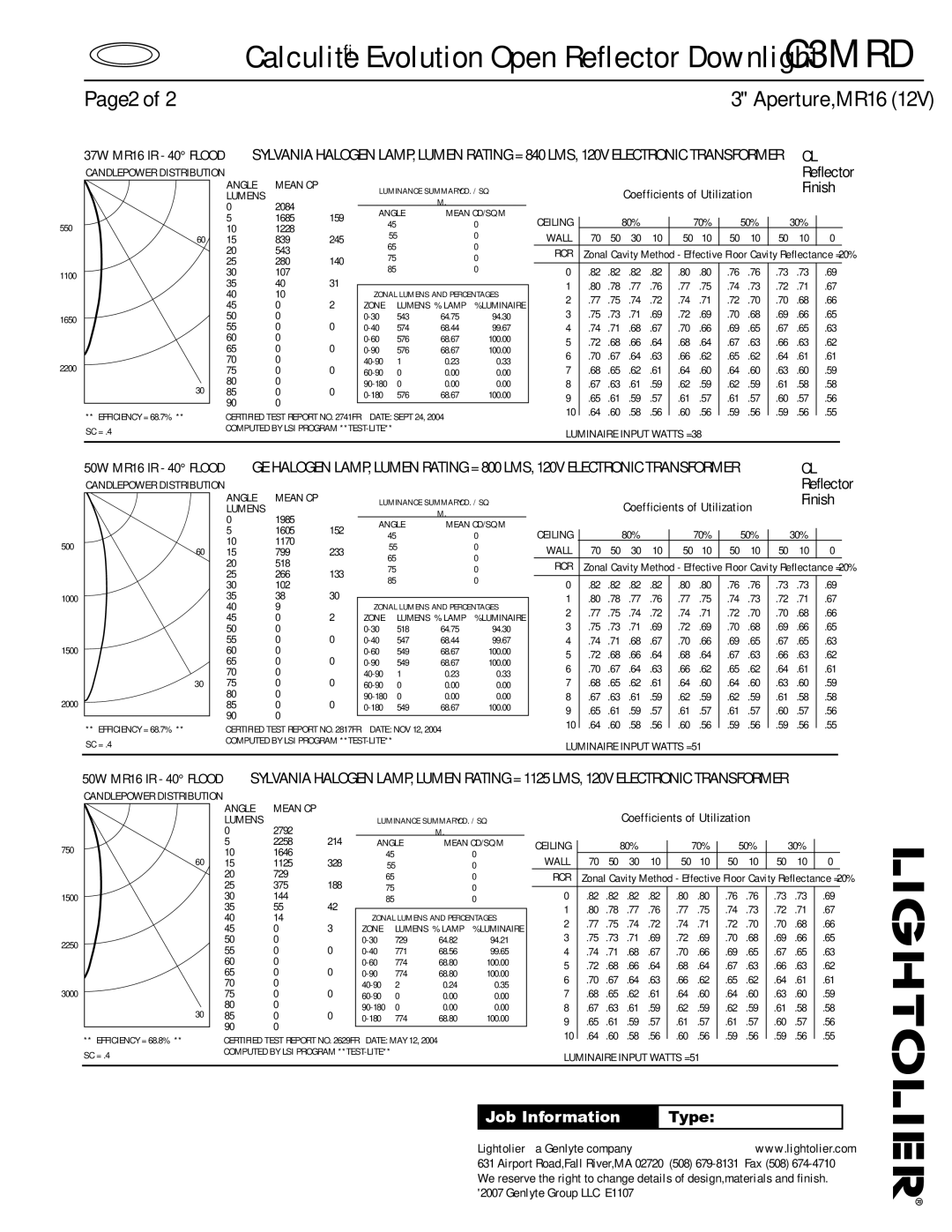 Lightolier C3MRD specifications Ceiling, Rcr, Luminaire Input Watts =, Angle Mean CP Lumens, Wall RCR 