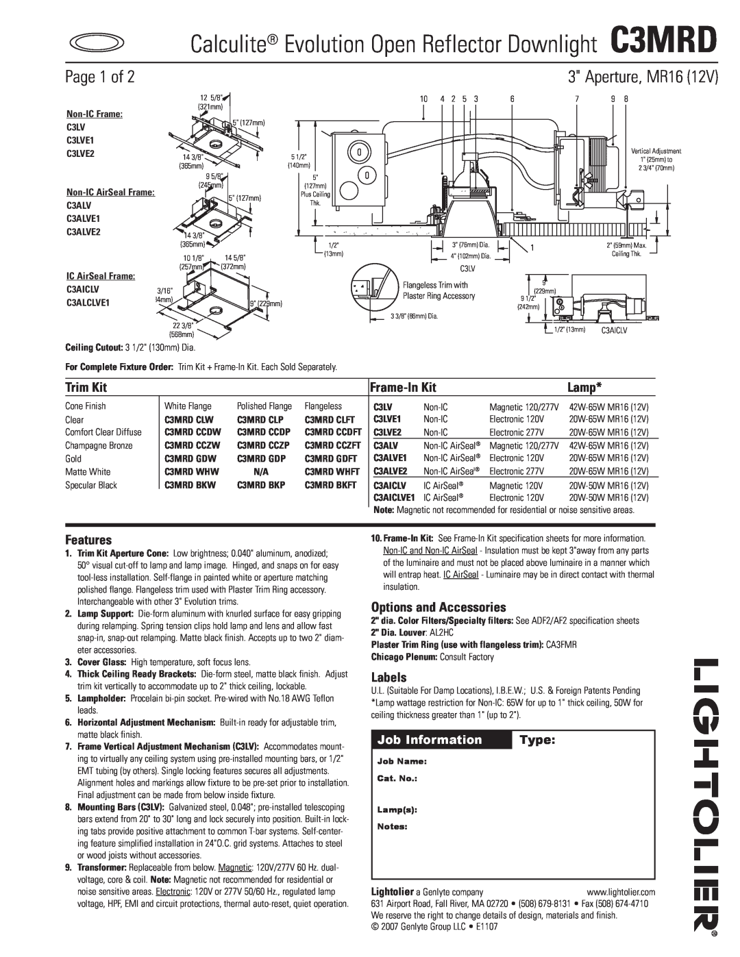 Lightolier specifications Calculite Evolution Open Reflector Downlight C3MRD, Page, Aperture, MR16, Job Information 