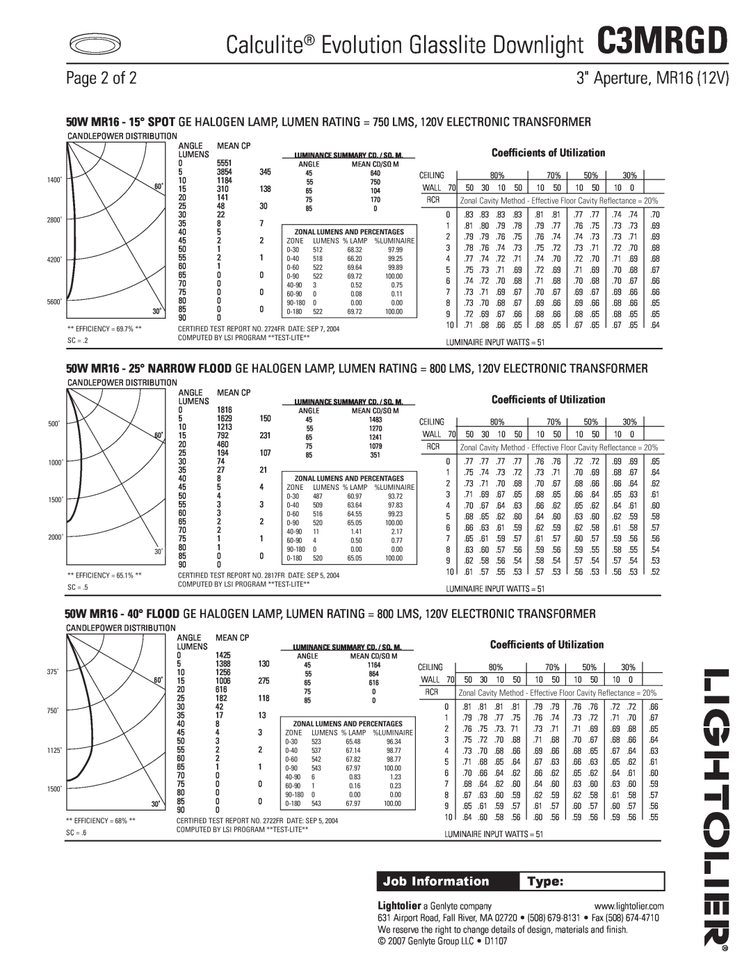 Lightolier specifications Calculite Evolution Glasslite Downlight C3MRGD, Page of, Aperture, MR16, Job Information, Type 