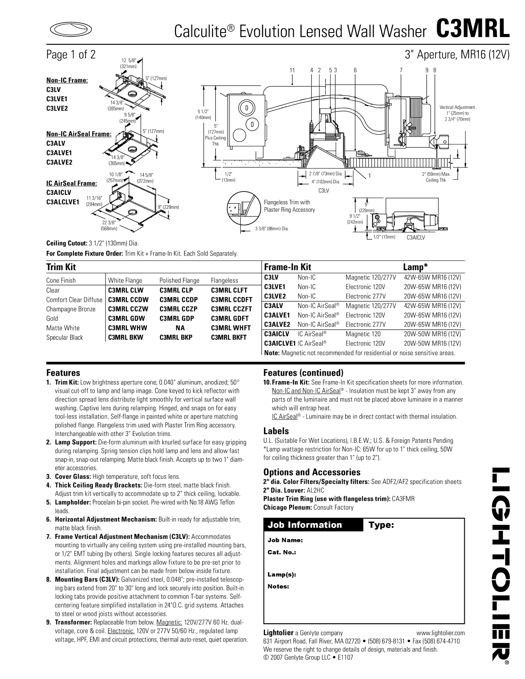 Lightolier C3MRL specifications Trim Kit Frame-In Kit Lamp, Features, Labels, Options and Accessories 