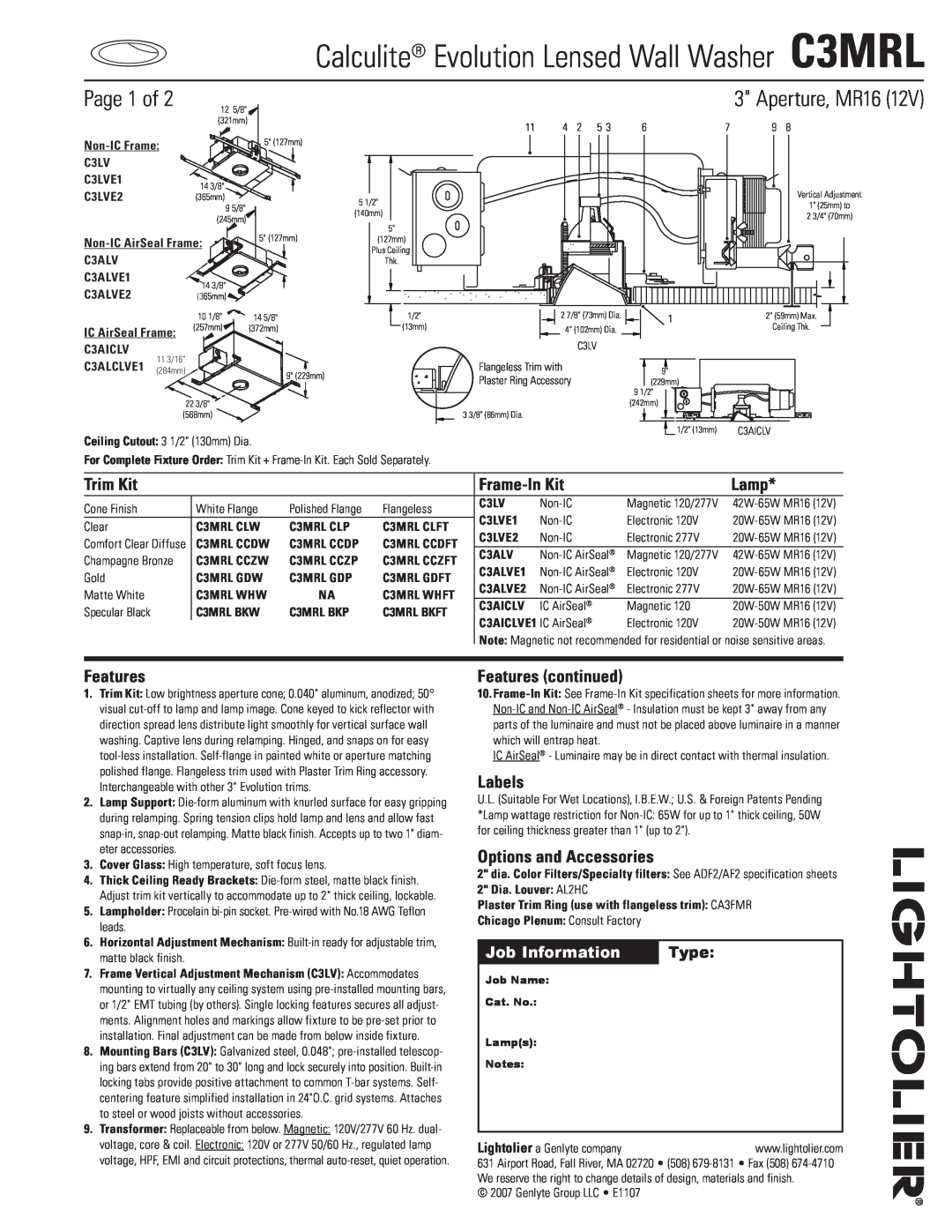 Lightolier specifications Calculite Evolution Lensed Wall Washer C3MRL, Page of, Aperture, MR16, Job Information, Type 