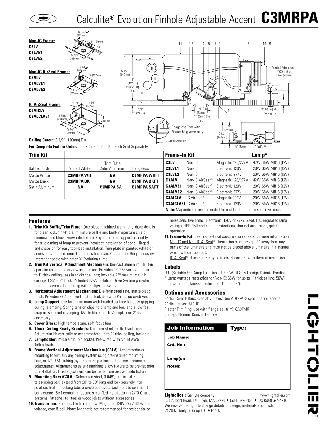 Lightolier C3MRPA specifications Trim Kit Frame-In Kit Lamp, Features, Labels, Options and Accessories, Type 