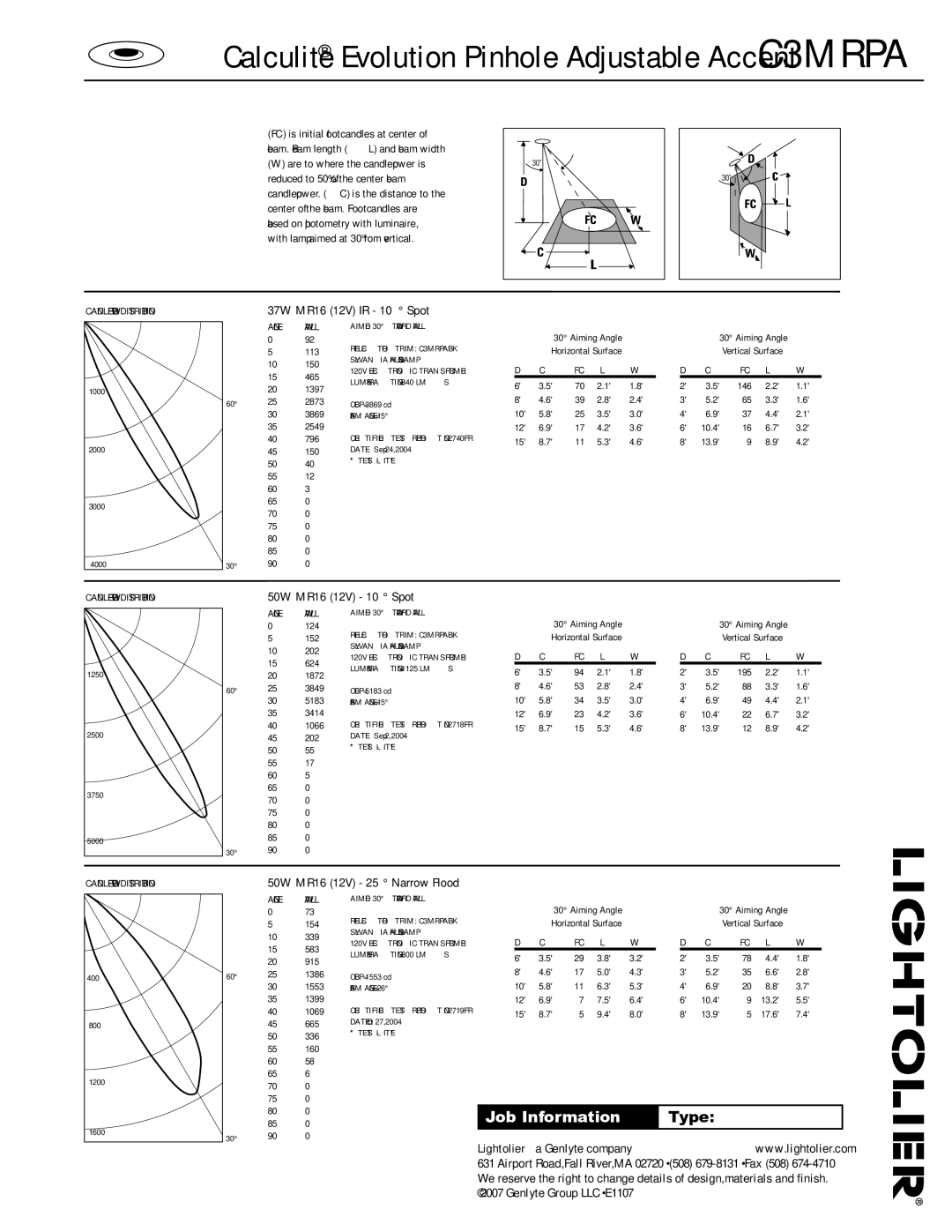 Lightolier C3MRPA specifications 37W mr16 12v IR 10 Spot, 50W mr16 12v 10 Spot, 50W mr16 12v 25 Narrow Flood 